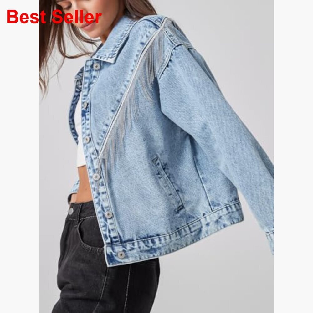 Fringed Denim Jacket Oversized Tassel Sparkly Western Style - Picture 2 of 7
